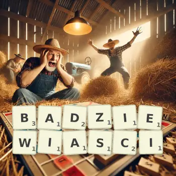 Kreatywna ilustracja do gry w Scrabble ze słowem BADZIEWIASCI ułożonym z płytek na planszy.