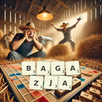 Kreatywna ilustracja do gry w Scrabble ze słowem BAGAZJA ułożonym z płytek na planszy.