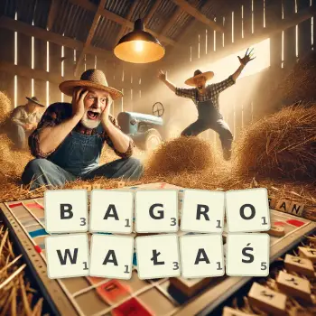 Kreatywna ilustracja do gry w Scrabble ze słowem BAGROWAŁAŚ ułożonym z płytek na planszy.