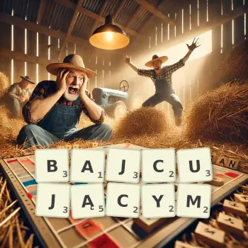 Kreatywna ilustracja do gry w Scrabble ze słowem BAJCUJĄCYM ułożonym z płytek na planszy.