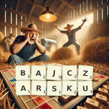 Kreatywna ilustracja do gry w Scrabble ze słowem BAJCZARSKU ułożonym z płytek na planszy.