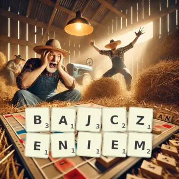 Kreatywna ilustracja do gry w Scrabble ze słowem BAJCZENIEM ułożonym z płytek na planszy.