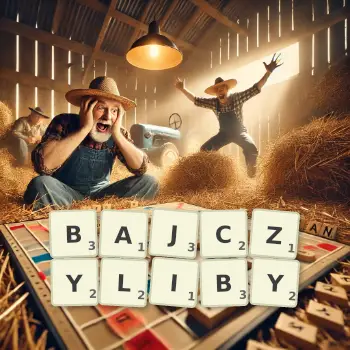 Kreatywna ilustracja do gry w Scrabble ze słowem BAJCZYLIBY ułożonym z płytek na planszy.