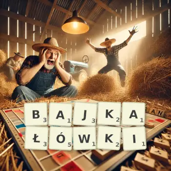 Kreatywna ilustracja do gry w Scrabble ze słowem BAJKAŁÓWKI ułożonym z płytek na planszy.