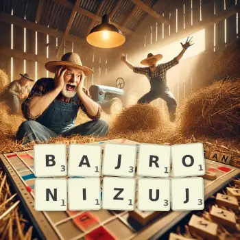 Kreatywna ilustracja do gry w Scrabble ze słowem BAJRONIZUJ ułożonym z płytek na planszy.