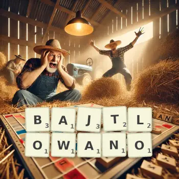 Kreatywna ilustracja do gry w Scrabble ze słowem BAJTLOWANO ułożonym z płytek na planszy.