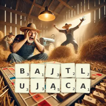 Kreatywna ilustracja do gry w Scrabble ze słowem BAJTLUJĄCA ułożonym z płytek na planszy.