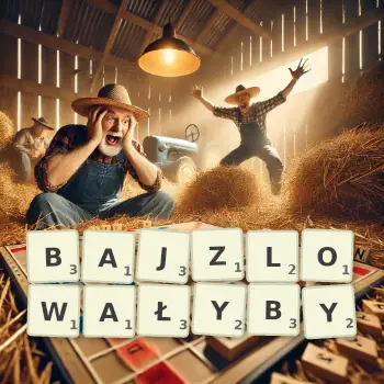 Kreatywna ilustracja do gry w Scrabble ze słowem BAJZLOWAŁYBY ułożonym z płytek na planszy.