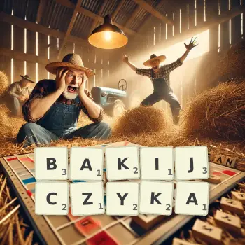 Kreatywna ilustracja do gry w Scrabble ze słowem BAKIJCZYKA ułożonym z płytek na planszy.
