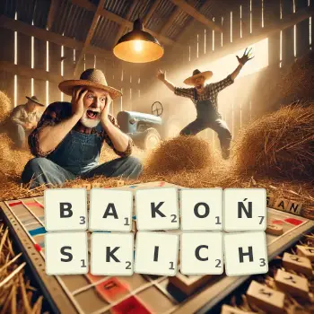 Kreatywna ilustracja do gry w Scrabble ze słowem BAKOŃSKICH ułożonym z płytek na planszy.