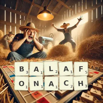 Kreatywna ilustracja do gry w Scrabble ze słowem BALAFONACH ułożonym z płytek na planszy.