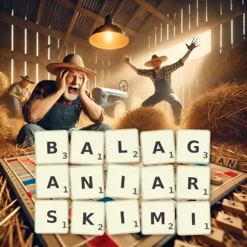 Kreatywna ilustracja do gry w Scrabble ze słowem BALAGANIARSKIMI ułożonym z płytek na planszy.