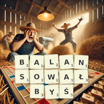 Kreatywna ilustracja do gry w Scrabble ze słowem BALANSOWAŁBYŚ ułożonym z płytek na planszy.