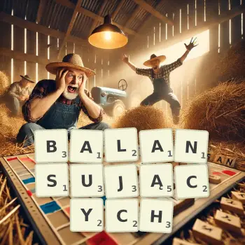 Kreatywna ilustracja do gry w Scrabble ze słowem BALANSUJĄCYCH ułożonym z płytek na planszy.