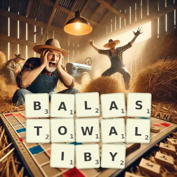 Kreatywna ilustracja do gry w Scrabble ze słowem BALASTOWALIBY ułożonym z płytek na planszy.