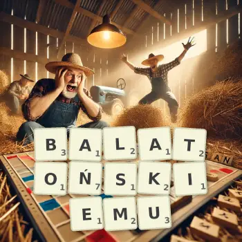 Kreatywna ilustracja do gry w Scrabble ze słowem BALATOŃSKIEMU ułożonym z płytek na planszy.