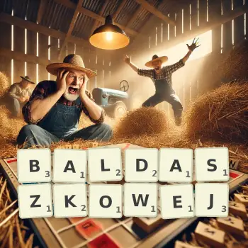 Kreatywna ilustracja do gry w Scrabble ze słowem BALDASZKOWEJ ułożonym z płytek na planszy.
