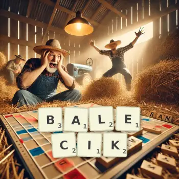 Kreatywna ilustracja do gry w Scrabble ze słowem BALECIK ułożonym z płytek na planszy.