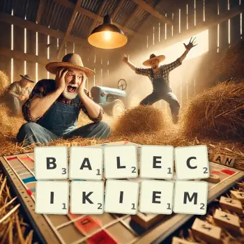 Kreatywna ilustracja do gry w Scrabble ze słowem BALECIKIEM ułożonym z płytek na planszy.