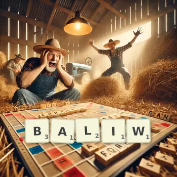Kreatywna ilustracja do gry w Scrabble ze słowem BALIW ułożonym z płytek na planszy.