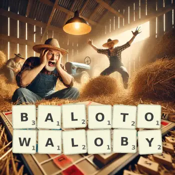 Kreatywna ilustracja do gry w Scrabble ze słowem BALOTOWALOBY ułożonym z płytek na planszy.