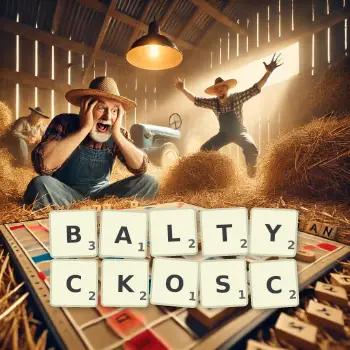 Kreatywna ilustracja do gry w Scrabble ze słowem BALTYCKOSC ułożonym z płytek na planszy.