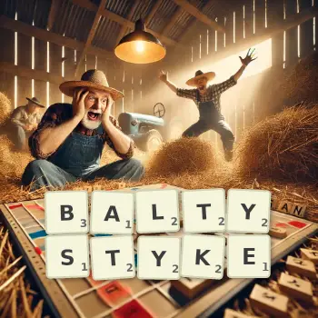 Kreatywna ilustracja do gry w Scrabble ze słowem BALTYSTYKE ułożonym z płytek na planszy.