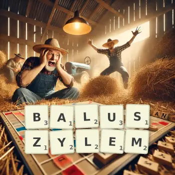 Kreatywna ilustracja do gry w Scrabble ze słowem BALUSZYLEM ułożonym z płytek na planszy.