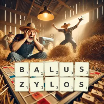 Kreatywna ilustracja do gry w Scrabble ze słowem BALUSZYLOS ułożonym z płytek na planszy.