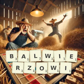 Kreatywna ilustracja do gry w Scrabble ze słowem BALWIERZOWI ułożonym z płytek na planszy.