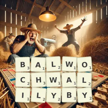 Kreatywna ilustracja do gry w Scrabble ze słowem BALWOCHWALILYBY ułożonym z płytek na planszy.