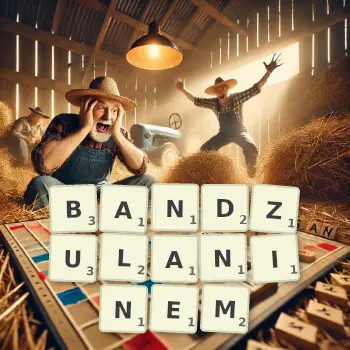 Kreatywna ilustracja do gry w Scrabble ze słowem BANDZULANINEM ułożonym z płytek na planszy.