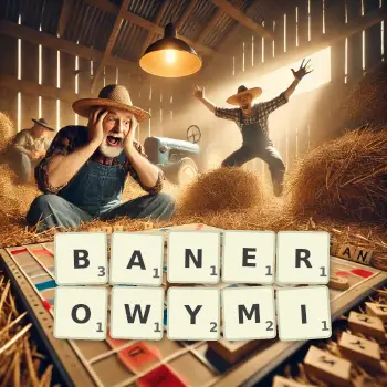 Kreatywna ilustracja do gry w Scrabble ze słowem BANEROWYMI ułożonym z płytek na planszy.