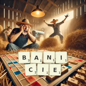 Kreatywna ilustracja do gry w Scrabble ze słowem BANICIE ułożonym z płytek na planszy.