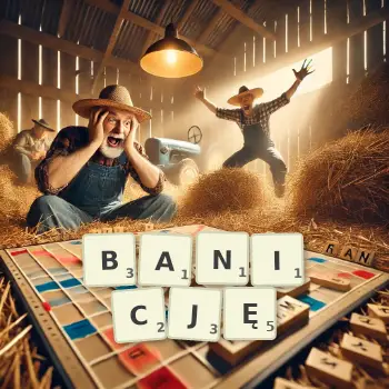 Kreatywna ilustracja do gry w Scrabble ze słowem BANICJĘ ułożonym z płytek na planszy.