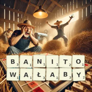 Kreatywna ilustracja do gry w Scrabble ze słowem BANITOWAŁABY ułożonym z płytek na planszy.