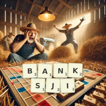 Kreatywna ilustracja do gry w Scrabble ze słowem BANKSJI ułożonym z płytek na planszy.