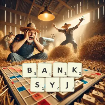 Kreatywna ilustracja do gry w Scrabble ze słowem BANKSYJ ułożonym z płytek na planszy.