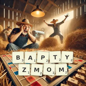 Kreatywna ilustracja do gry w Scrabble ze słowem BAPTYZMOM ułożonym z płytek na planszy.