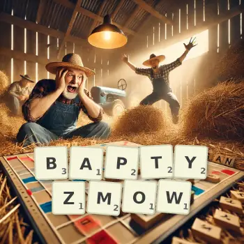 Kreatywna ilustracja do gry w Scrabble ze słowem BAPTYZMOW ułożonym z płytek na planszy.