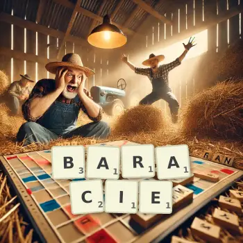 Kreatywna ilustracja do gry w Scrabble ze słowem BARACIE ułożonym z płytek na planszy.