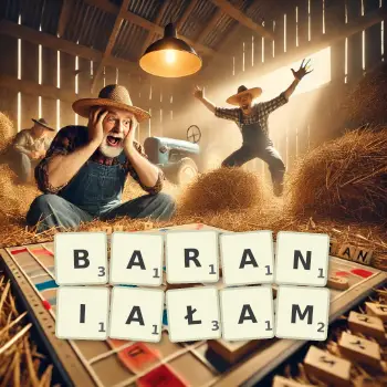 Kreatywna ilustracja do gry w Scrabble ze słowem BARANIAŁAM ułożonym z płytek na planszy.