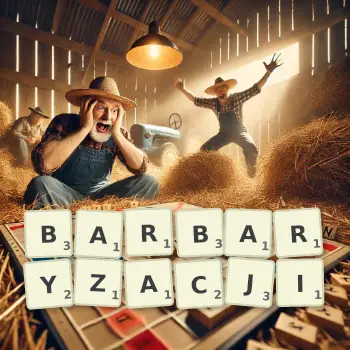 Kreatywna ilustracja do gry w Scrabble ze słowem BARBARYZACJI ułożonym z płytek na planszy.