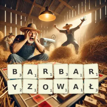 Kreatywna ilustracja do gry w Scrabble ze słowem BARBARYZOWAŁ ułożonym z płytek na planszy.