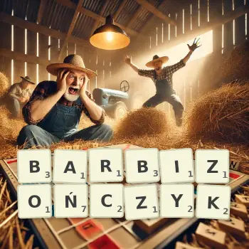 Kreatywna ilustracja do gry w Scrabble ze słowem BARBIZOŃCZYK ułożonym z płytek na planszy.