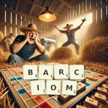 Kreatywna ilustracja do gry w Scrabble ze słowem BARCIOM ułożonym z płytek na planszy.