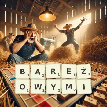 Kreatywna ilustracja do gry w Scrabble ze słowem BAREŻOWYMI ułożonym z płytek na planszy.