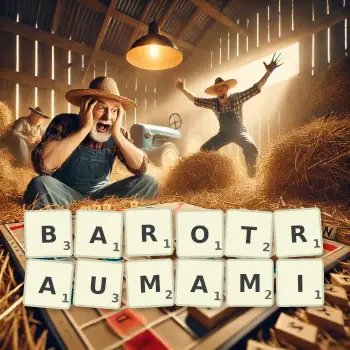 Kreatywna ilustracja do gry w Scrabble ze słowem BAROTRAUMAMI ułożonym z płytek na planszy.