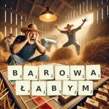 Kreatywna ilustracja do gry w Scrabble ze słowem BAROWAŁABYM ułożonym z płytek na planszy.