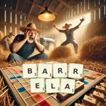 Kreatywna ilustracja do gry w Scrabble ze słowem BARRELA ułożonym z płytek na planszy.